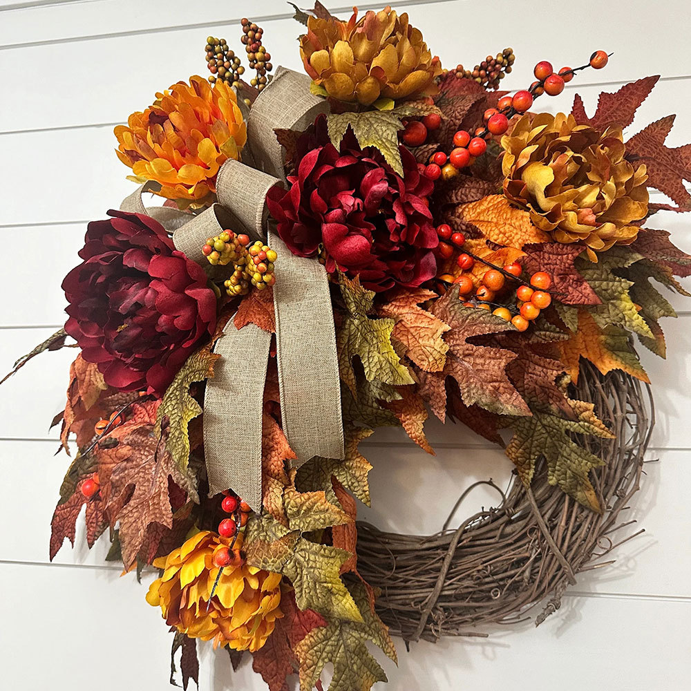 Elegant Fall Maple Leaves Wreath – Small Autumn Front Door Decor with Berries & Peonies