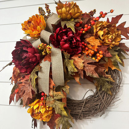 Elegant Fall Maple Leaves Wreath – Small Autumn Front Door Decor with Berries & Peonies