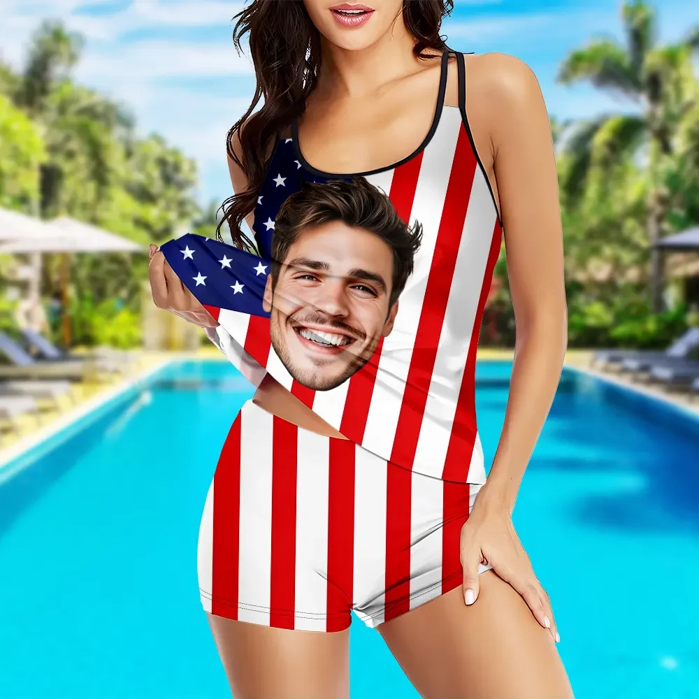Custom Tankini Two Piece Swimsuit Two Piece For Women American Flag Sling Swimsuit With Swimming Trunks