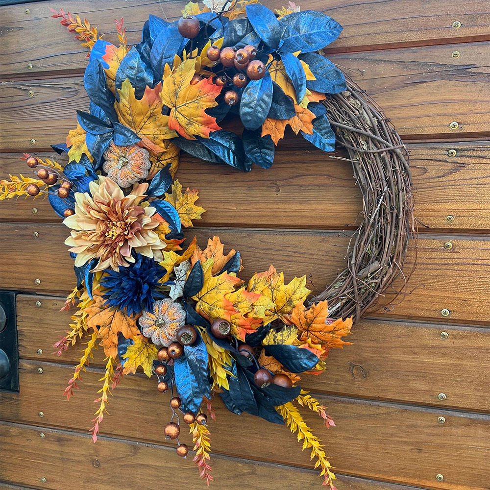 Autumn Wreath for Thanksgiving & Halloween – Elegant Fall Door Decor in Metallic Blue & Orange