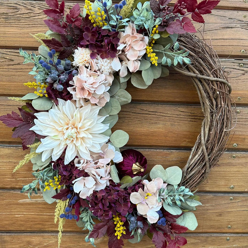 Elegant Burgundy Fall Wreath – Velvet Pumpkins & Hydrangea Autumn Door Decor