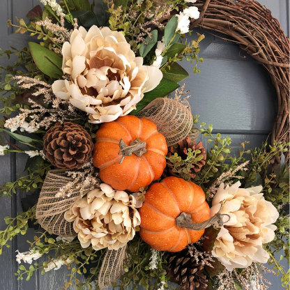 Fall Farmhouse Pumpkin & Peony Wreath – Front Door Autumn Decor