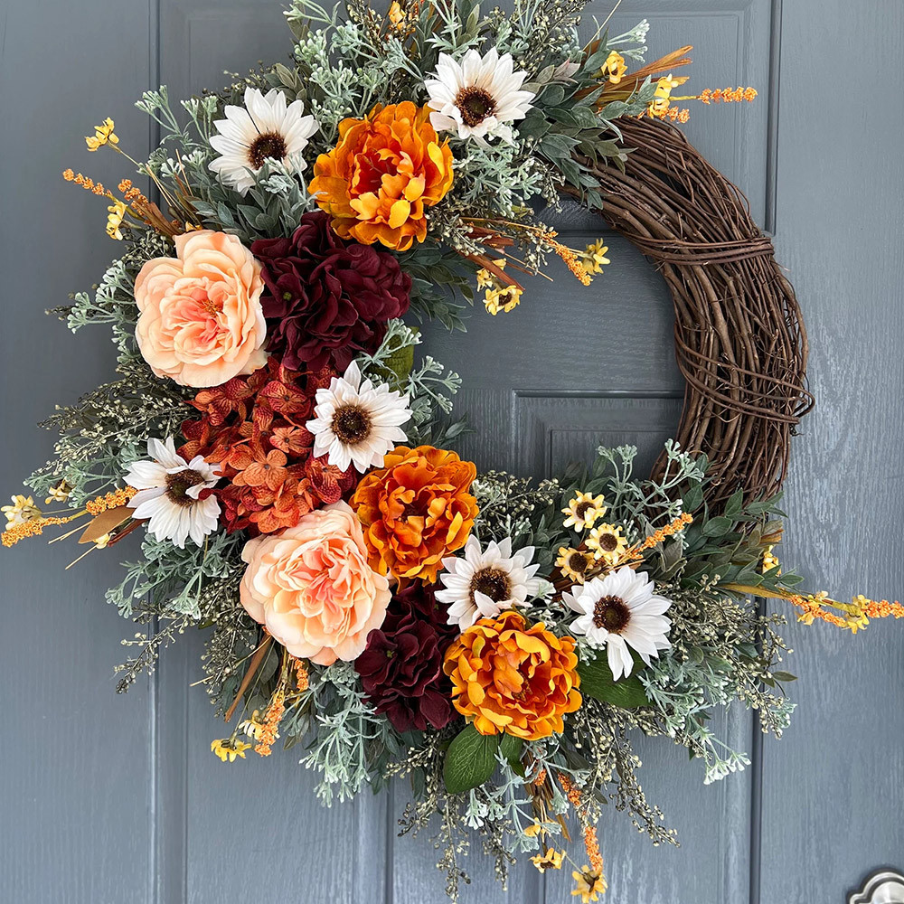 Elegant Burgundy Hydrangea Fall Wreath – Front Door Autumn Decoration