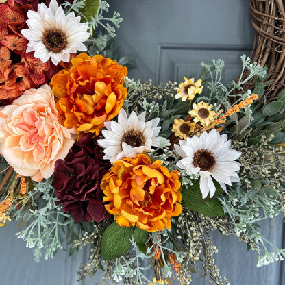 Elegant Burgundy Hydrangea Fall Wreath – Front Door Autumn Decoration