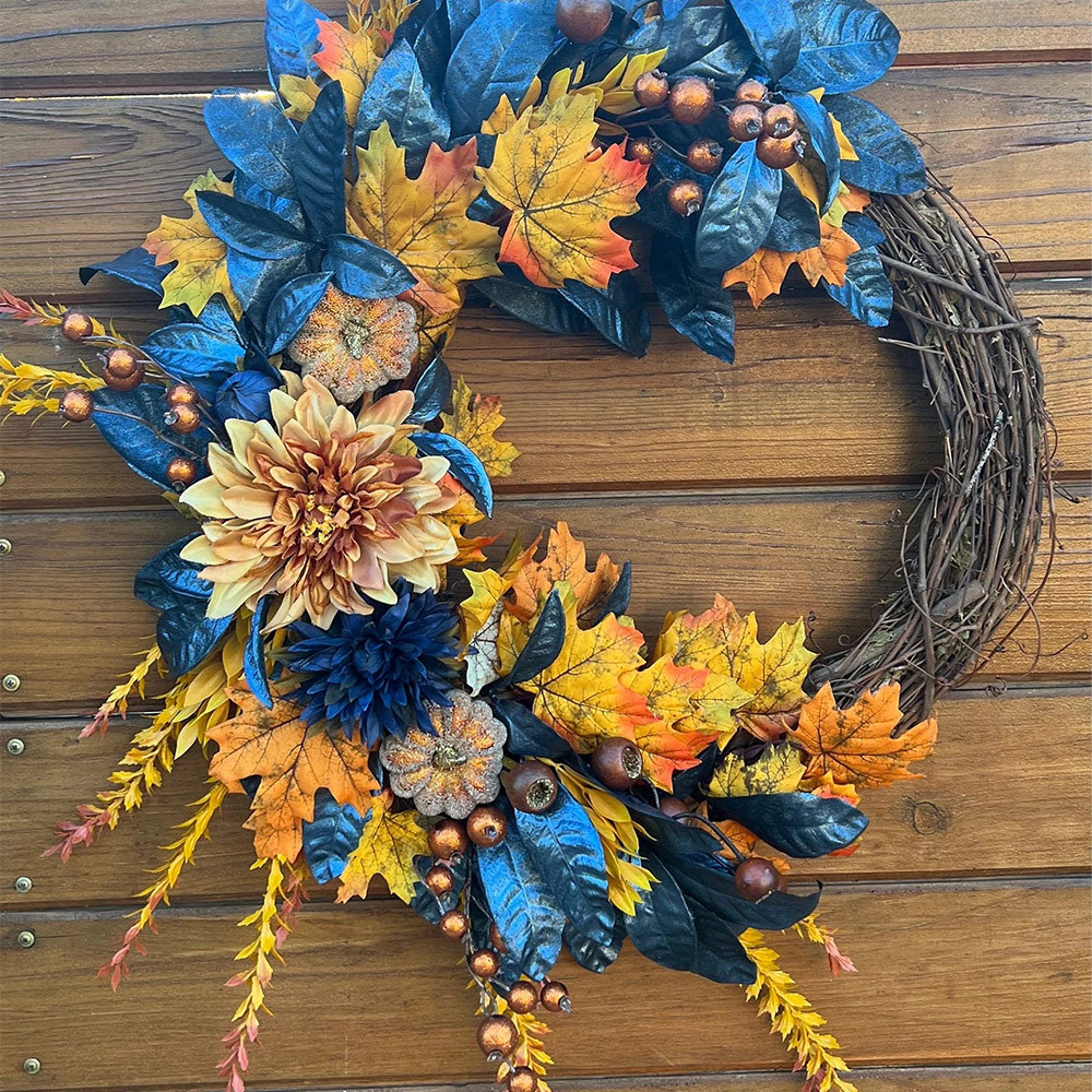 Autumn Wreath for Thanksgiving & Halloween – Elegant Fall Door Decor in Metallic Blue & Orange
