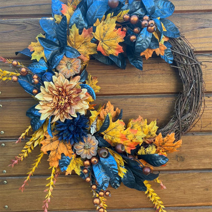 Autumn Wreath for Thanksgiving & Halloween – Elegant Fall Door Decor in Metallic Blue & Orange