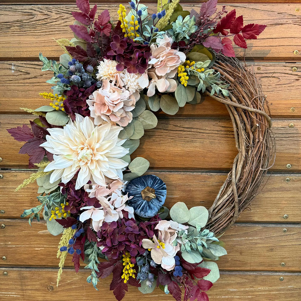 Elegant Burgundy Fall Wreath – Velvet Pumpkins & Hydrangea Autumn Door Decor