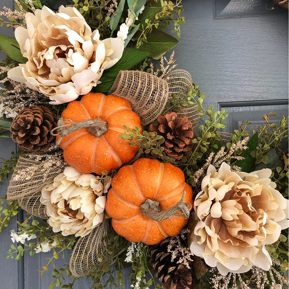 Fall Farmhouse Pumpkin & Peony Wreath – Front Door Autumn Decor