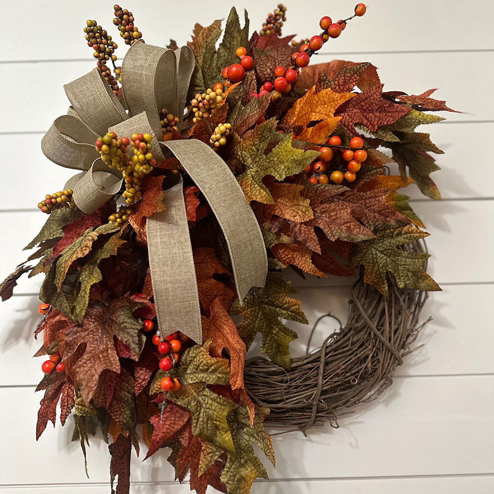 Elegant Fall Maple Leaves Wreath – Small Autumn Front Door Decor with Berries & Peonies