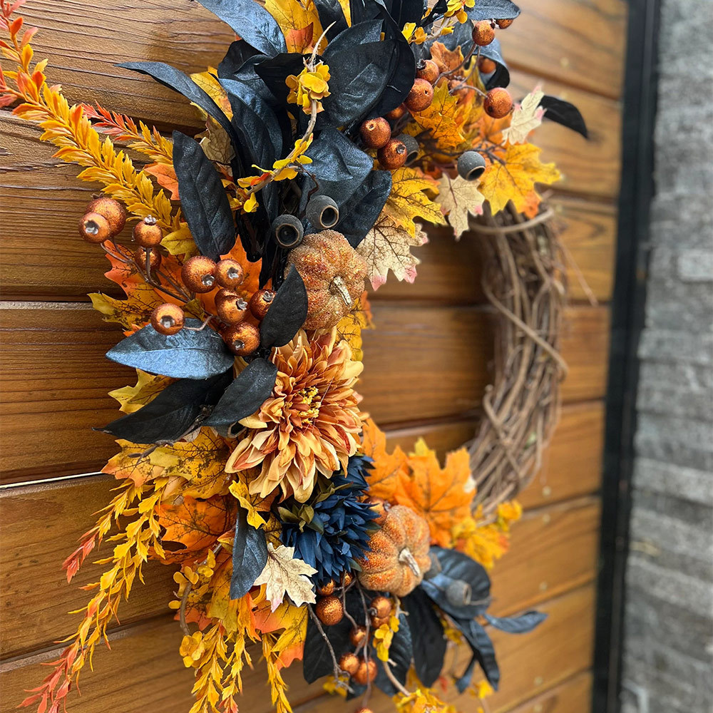 Autumn Wreath for Thanksgiving & Halloween – Elegant Fall Door Decor in Metallic Blue & Orange