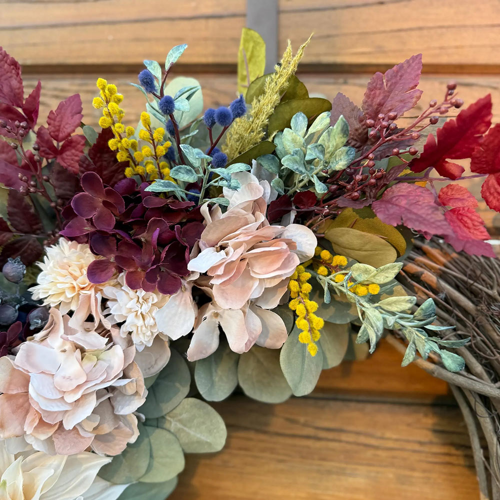 Elegant Burgundy Fall Wreath – Velvet Pumpkins & Hydrangea Autumn Door Decor