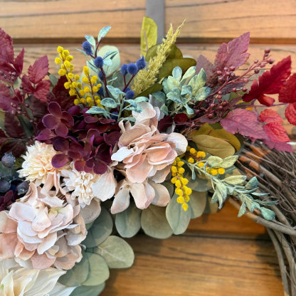 Elegant Burgundy Fall Wreath – Velvet Pumpkins & Hydrangea Autumn Door Decor