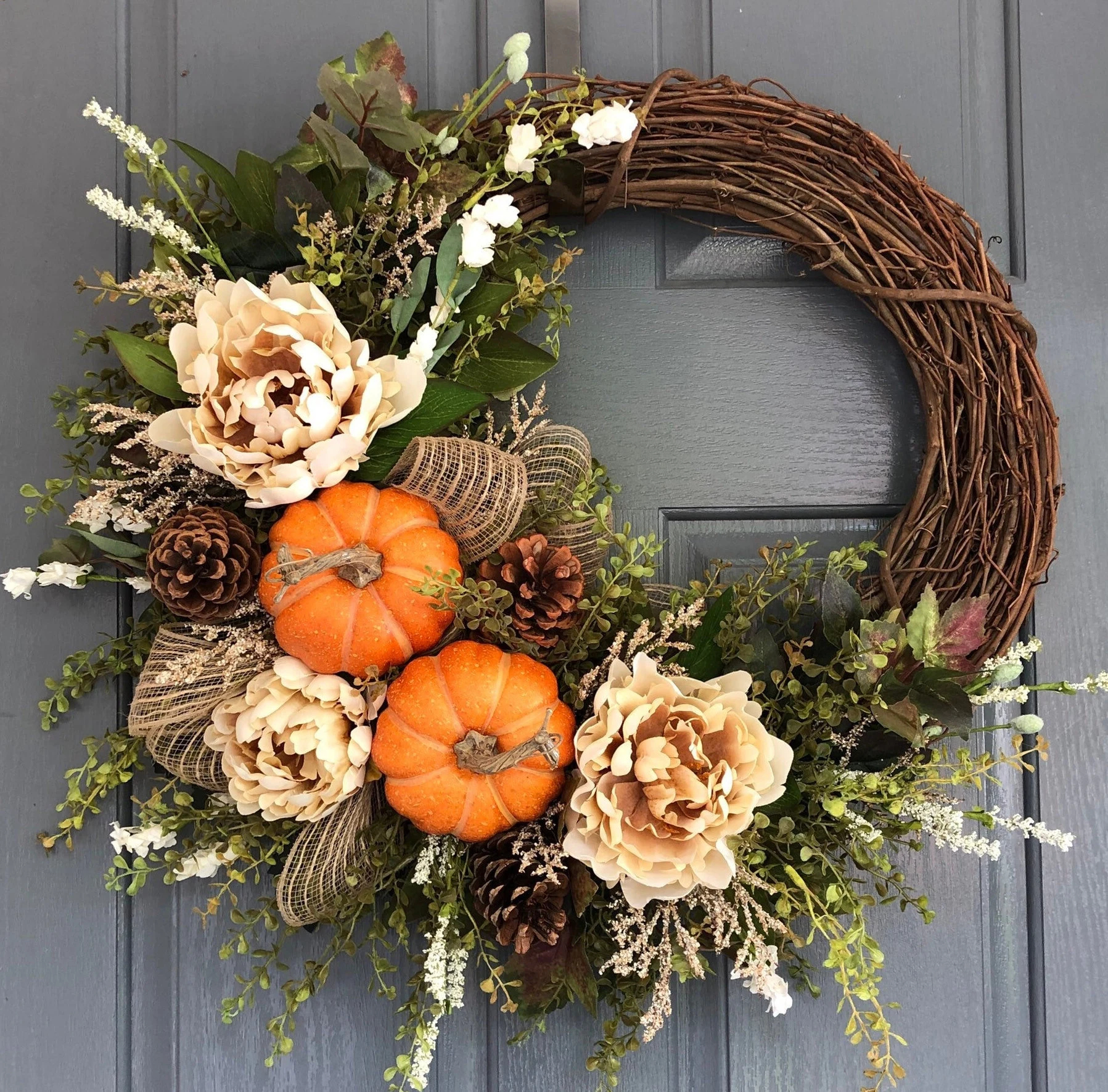 Fall Farmhouse Pumpkin & Peony Wreath – Front Door Autumn Decor