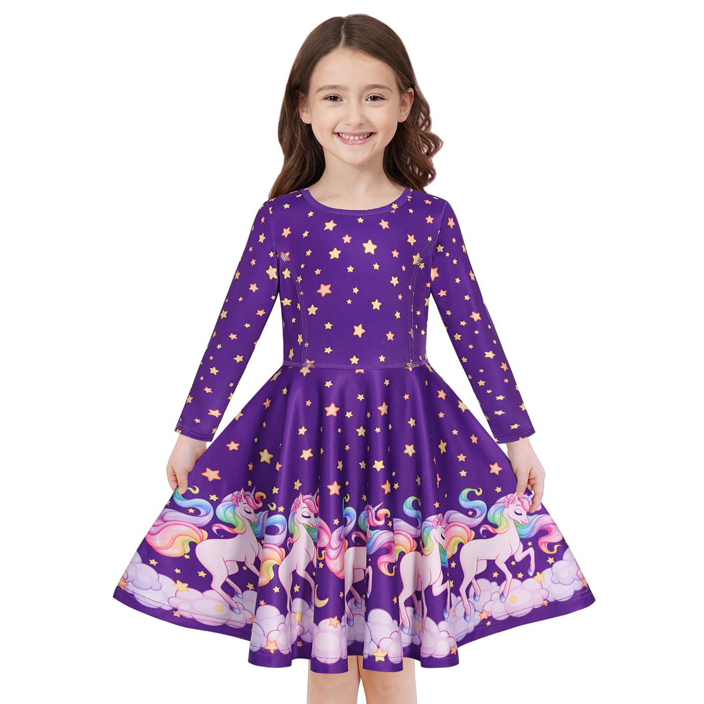 Girls Star & Unicorn Printed Casual Party Twirly Dress for Kids in 2t to 10 Years