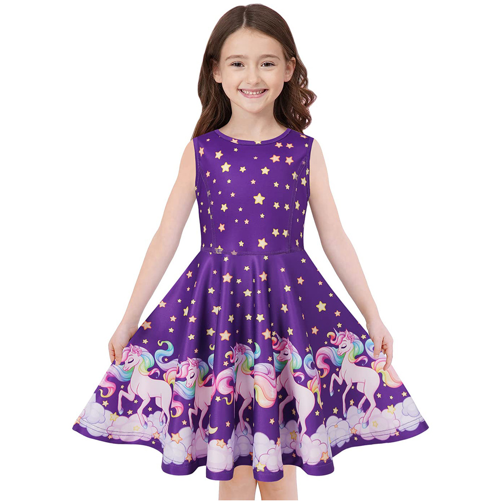 Girls Dress Unicorn Printed Casual Party Twirly Dress for Kids in 2t to 10 Years