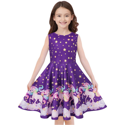 Girls Dress Unicorn Printed Casual Party Twirly Dress for Kids in 2t to 10 Years