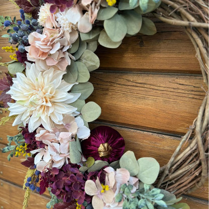 Elegant Burgundy Fall Wreath – Velvet Pumpkins & Hydrangea Autumn Door Decor