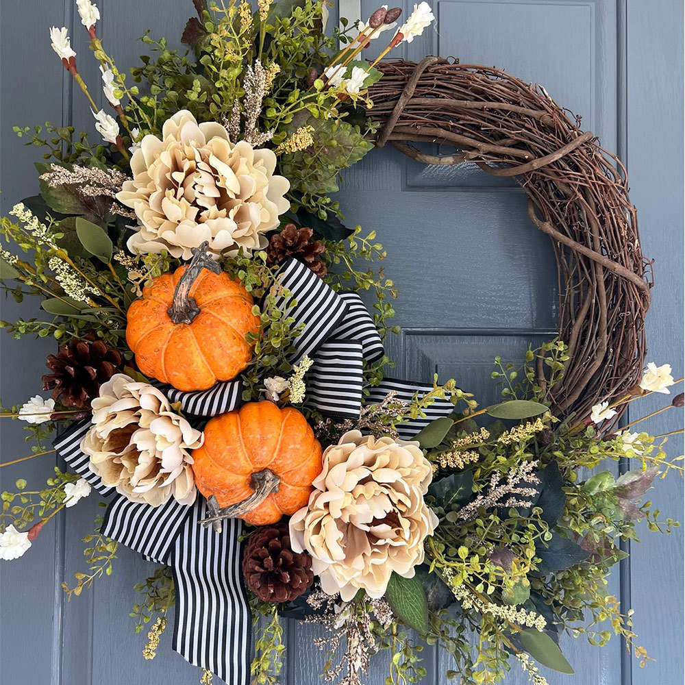 Fall Farmhouse Pumpkin & Peony Wreath – Front Door Autumn Decor