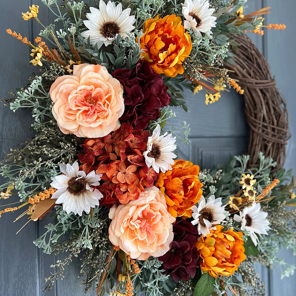 Elegant Burgundy Hydrangea Fall Wreath – Front Door Autumn Decoration