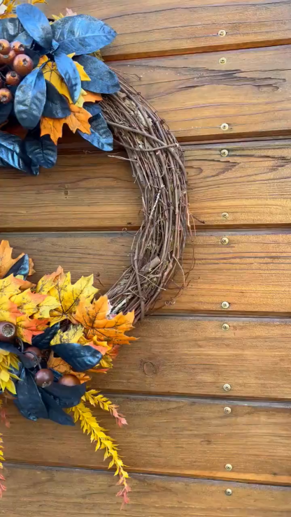 Autumn Wreath for Thanksgiving & Halloween – Elegant Fall Door Decor in Metallic Blue & Orange