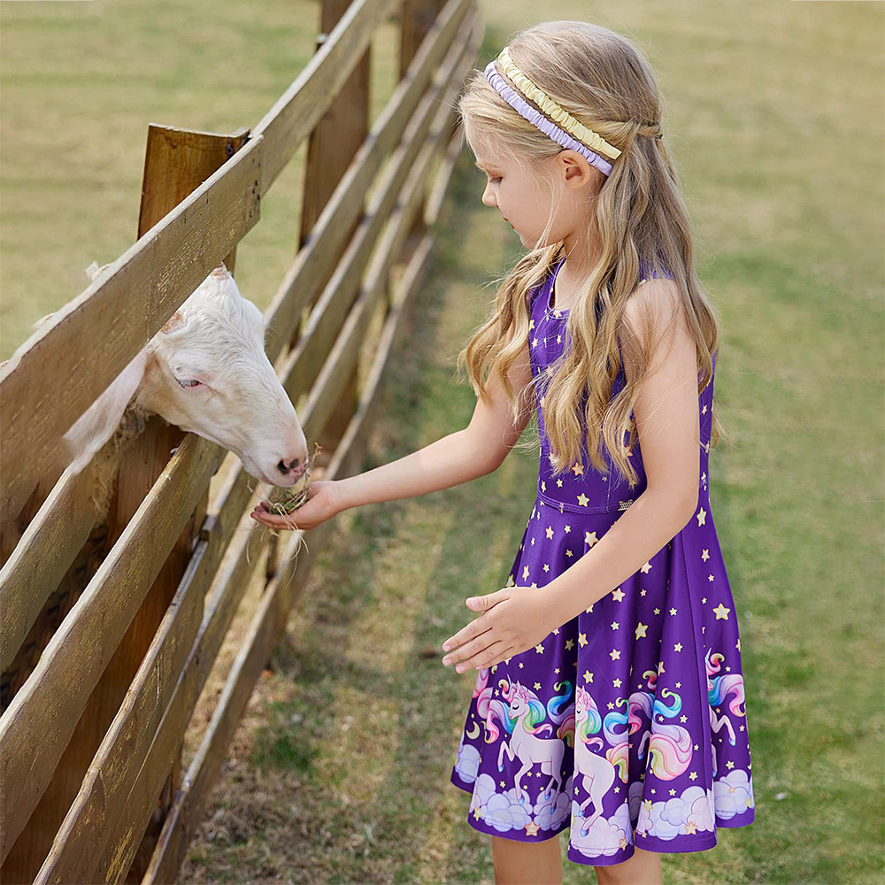 Girls Dress Unicorn Printed Casual Party Twirly Dress for Kids in 2t to 10 Years