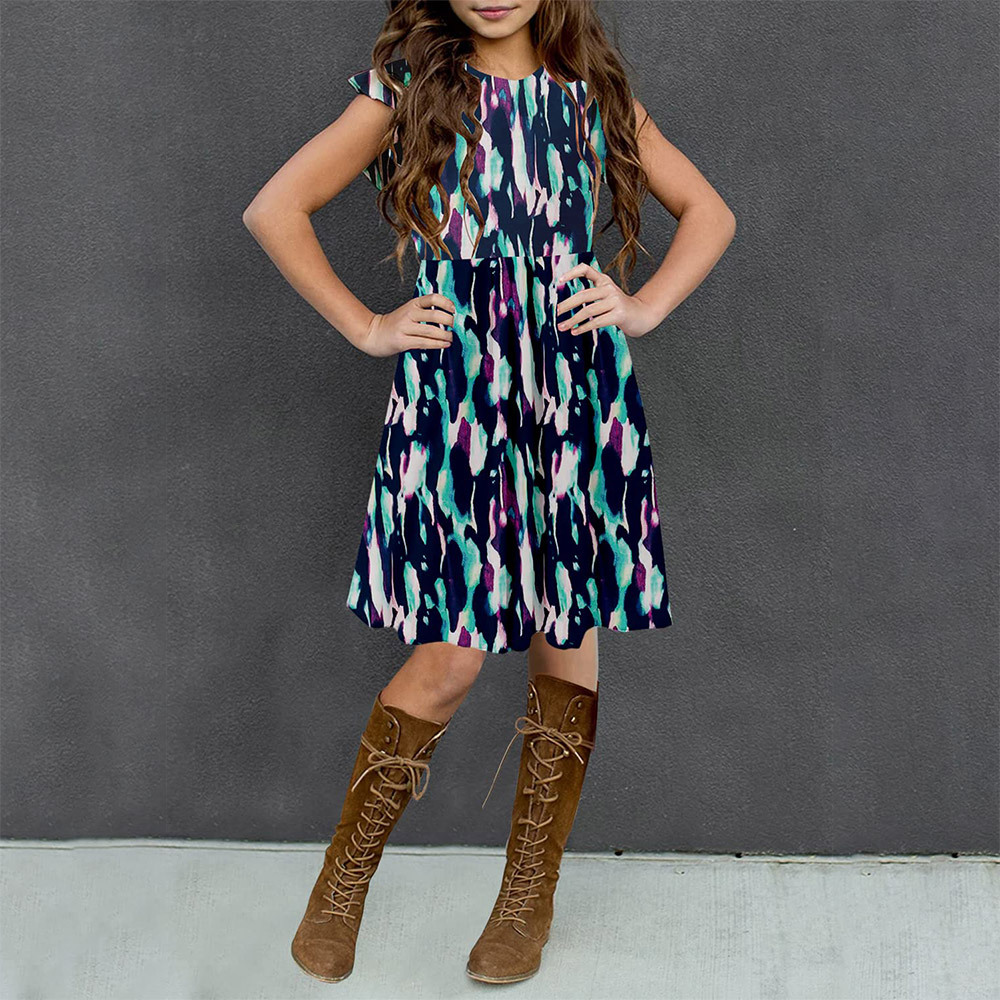 Girls Floral Dress Boho Ruffle Sleeve Pleated Casual Swing Dresses with Pockets for Kids 6-12 Years