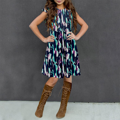 Girls Floral Dress Boho Ruffle Sleeve Pleated Casual Swing Dresses with Pockets for Kids 6-12 Years