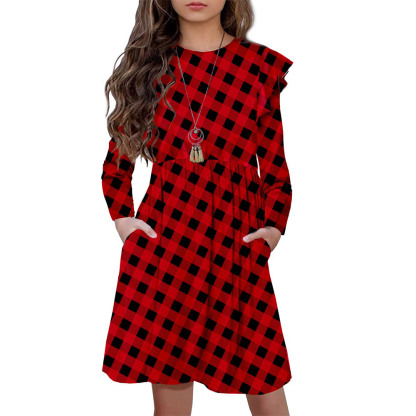 Girls Floral Dress Boho Ruffle Sleeve Pleated Casual Swing Dresses with Pockets for Kids 6-12 Years