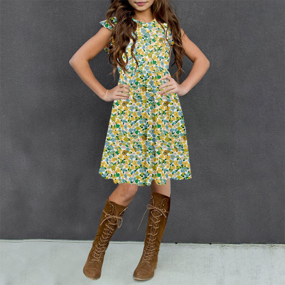 Girls Floral Dress Boho Ruffle Sleeve Pleated Casual Swing Dresses with Pockets for Kids 6-12 Years