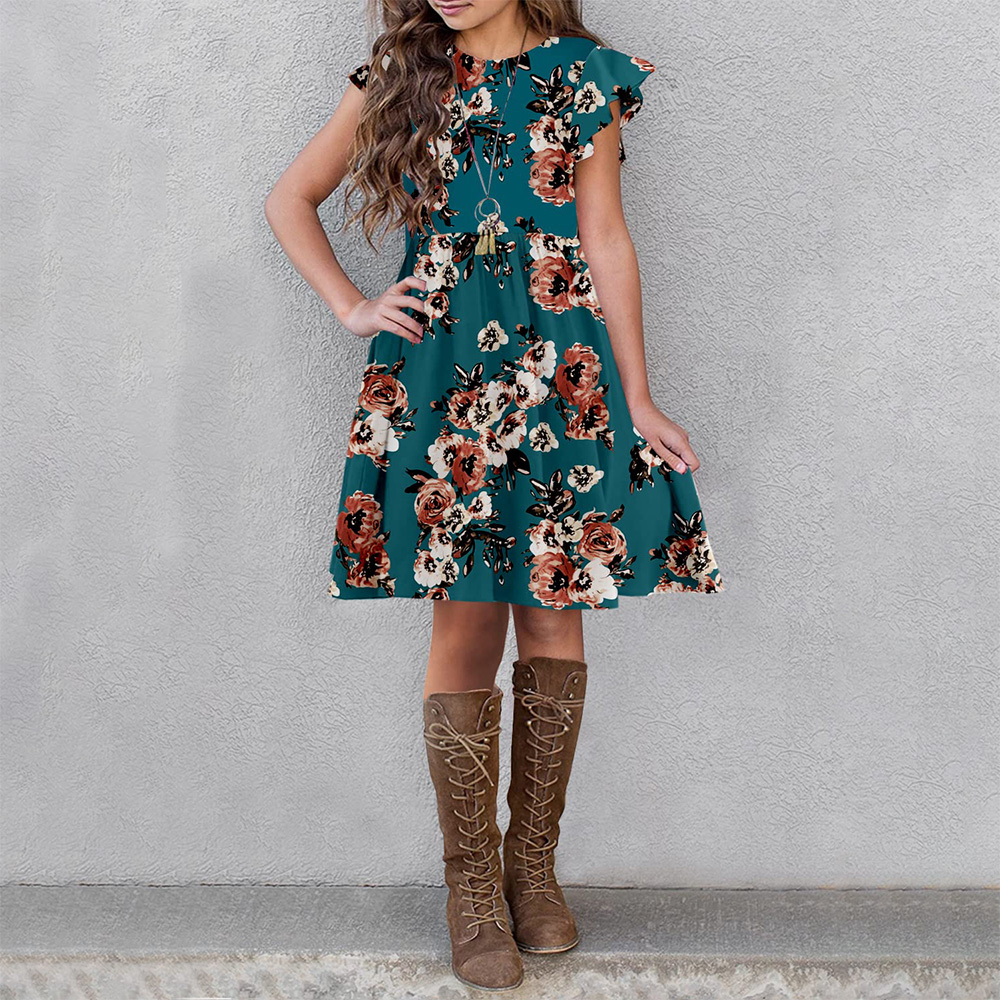 Girls Floral Dress Boho Ruffle Sleeve Pleated Casual Swing Dresses with Pockets for Kids 6-12 Years