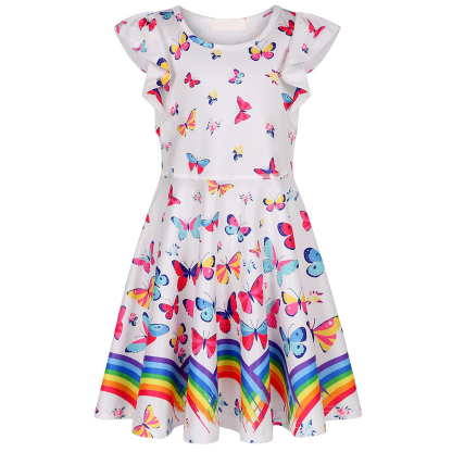 Girls Dress butterfly  Printed Casual Party Twirly Dress for Kids in 2t to 10 Years