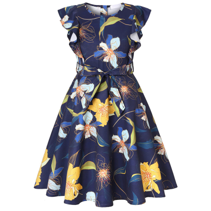 Girls Ruffle Sleeve Floral Dress with Removable Belt – Puff Sleeves & Swing Fit