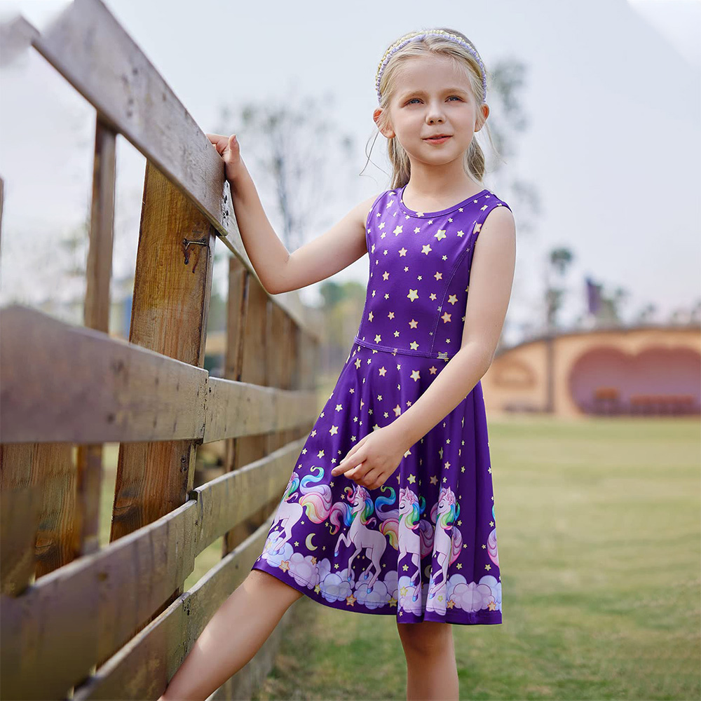 Girls Dress Unicorn Printed Casual Party Twirly Dress for Kids in 2t to 10 Years