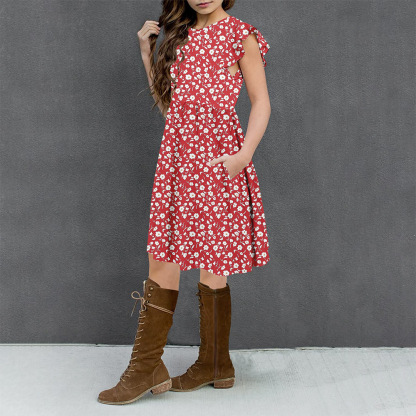 Girls Floral Dress Boho Ruffle Sleeve Pleated Casual Swing Dresses with Pockets for Kids 6-12 Years