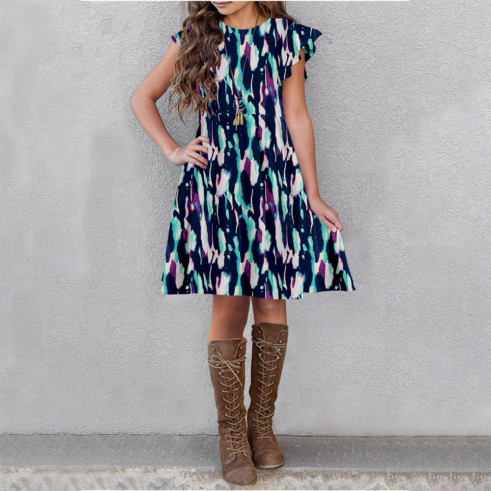 Girls Floral Dress Boho Ruffle Sleeve Pleated Casual Swing Dresses with Pockets for Kids 6-12 Years