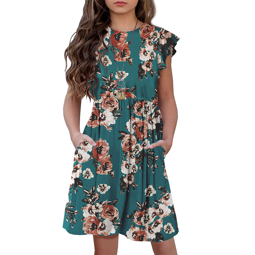 Girls Floral Dress Boho Ruffle Sleeve Pleated Casual Swing Dresses with Pockets for Kids 6-12 Years