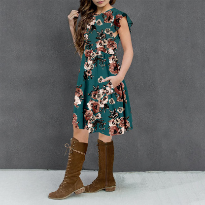 Girls Floral Dress Boho Ruffle Sleeve Pleated Casual Swing Dresses with Pockets for Kids 6-12 Years