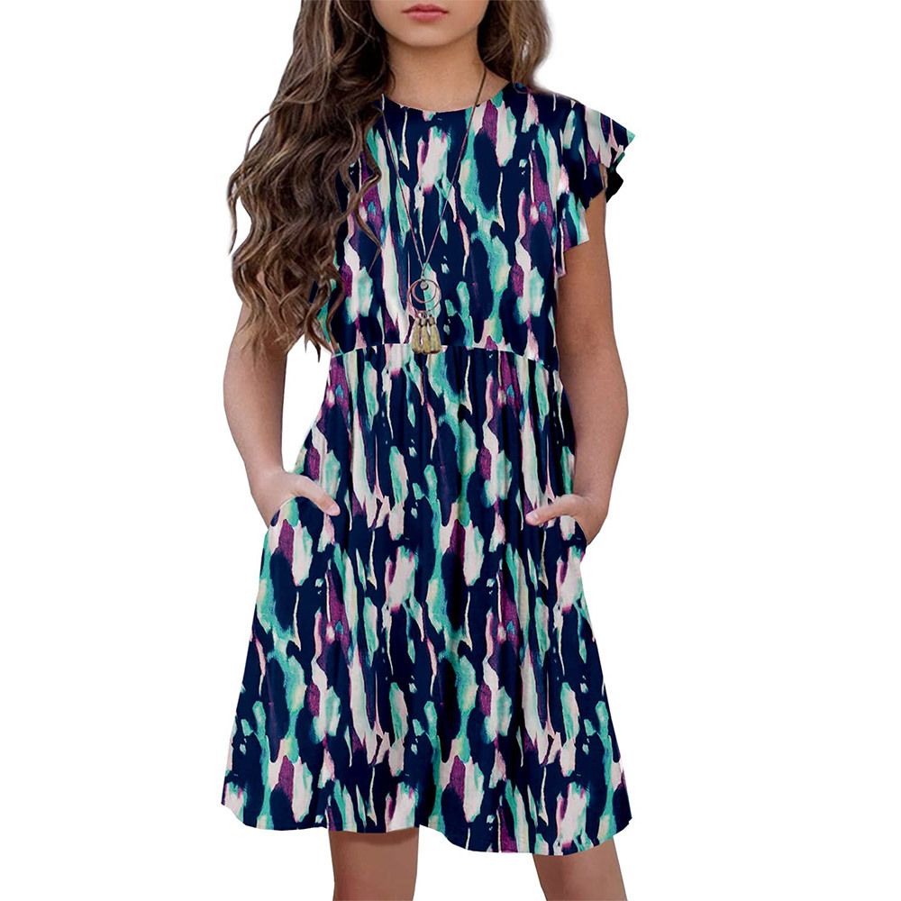 Girls Floral Dress Boho Ruffle Sleeve Pleated Casual Swing Dresses with Pockets for Kids 6-12 Years