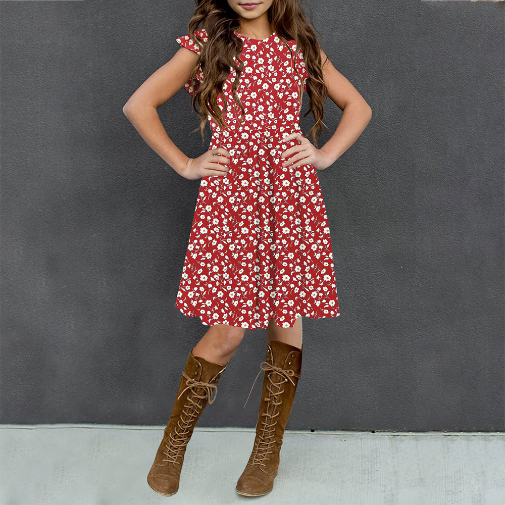 Girls Floral Dress Boho Ruffle Sleeve Pleated Casual Swing Dresses with Pockets for Kids 6-12 Years