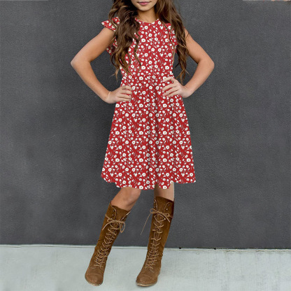 Girls Floral Dress Boho Ruffle Sleeve Pleated Casual Swing Dresses with Pockets for Kids 6-12 Years