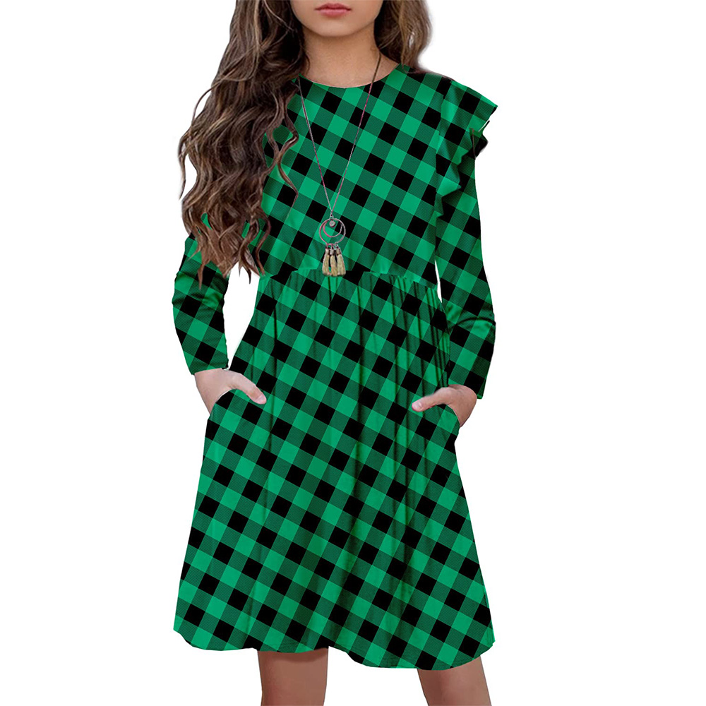 Girls Floral Dress Boho Ruffle Sleeve Pleated Casual Swing Dresses with Pockets for Kids 6-12 Years