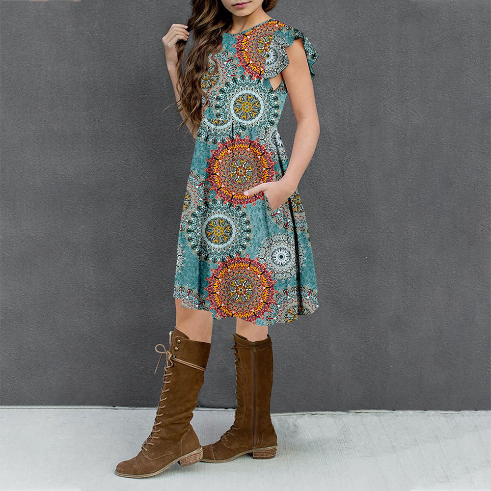Girls Floral Dress Boho Ruffle Sleeve Pleated Casual Swing Dresses with Pockets for Kids 6-12 Years