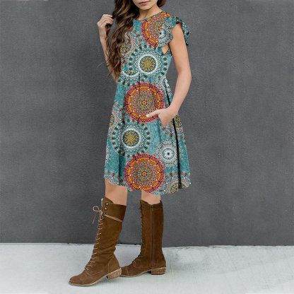 Girls Floral Dress Boho Ruffle Sleeve Pleated Casual Swing Dresses with Pockets for Kids 6-12 Years