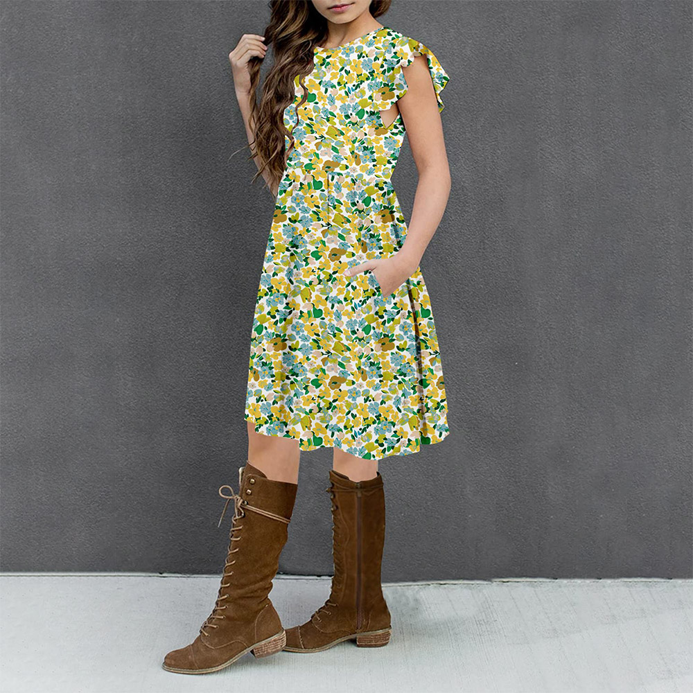 Girls Floral Dress Boho Ruffle Sleeve Pleated Casual Swing Dresses with Pockets for Kids 6-12 Years