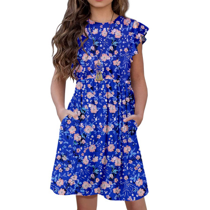 Girls Floral Dress Boho Ruffle Sleeve Pleated Casual Swing Dresses with Pockets for Kids 6-12 Years