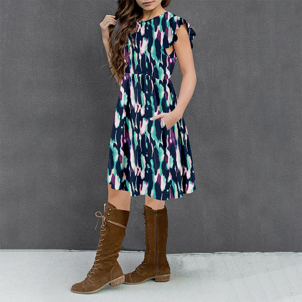 Girls Floral Dress Boho Ruffle Sleeve Pleated Casual Swing Dresses with Pockets for Kids 6-12 Years