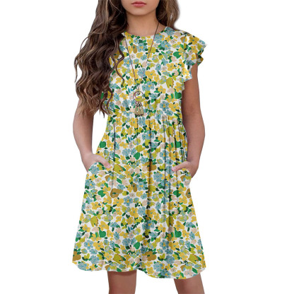 Girls Floral Dress Boho Ruffle Sleeve Pleated Casual Swing Dresses with Pockets for Kids 6-12 Years