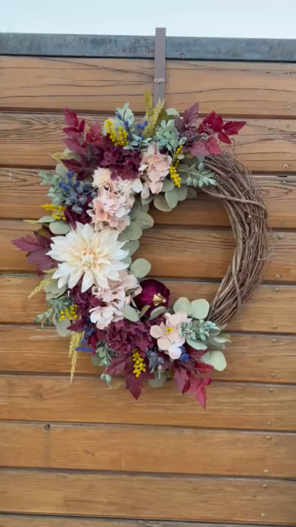 Elegant Burgundy Fall Wreath – Velvet Pumpkins & Hydrangea Autumn Door Decor