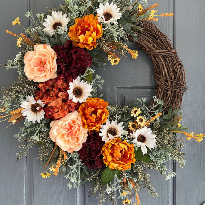 Elegant Burgundy Hydrangea Fall Wreath – Front Door Autumn Decoration