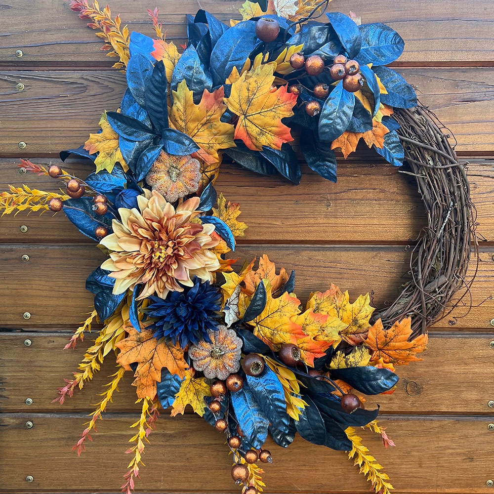 Autumn Wreath for Thanksgiving & Halloween – Elegant Fall Door Decor in Metallic Blue & Orange
